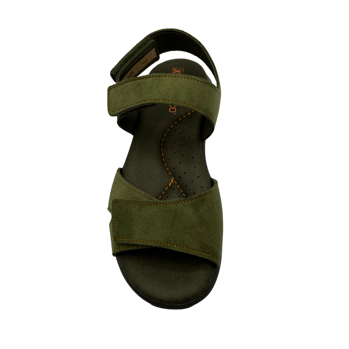 Top view of green leather sandals with 3 adjustable velcro straps and open toe