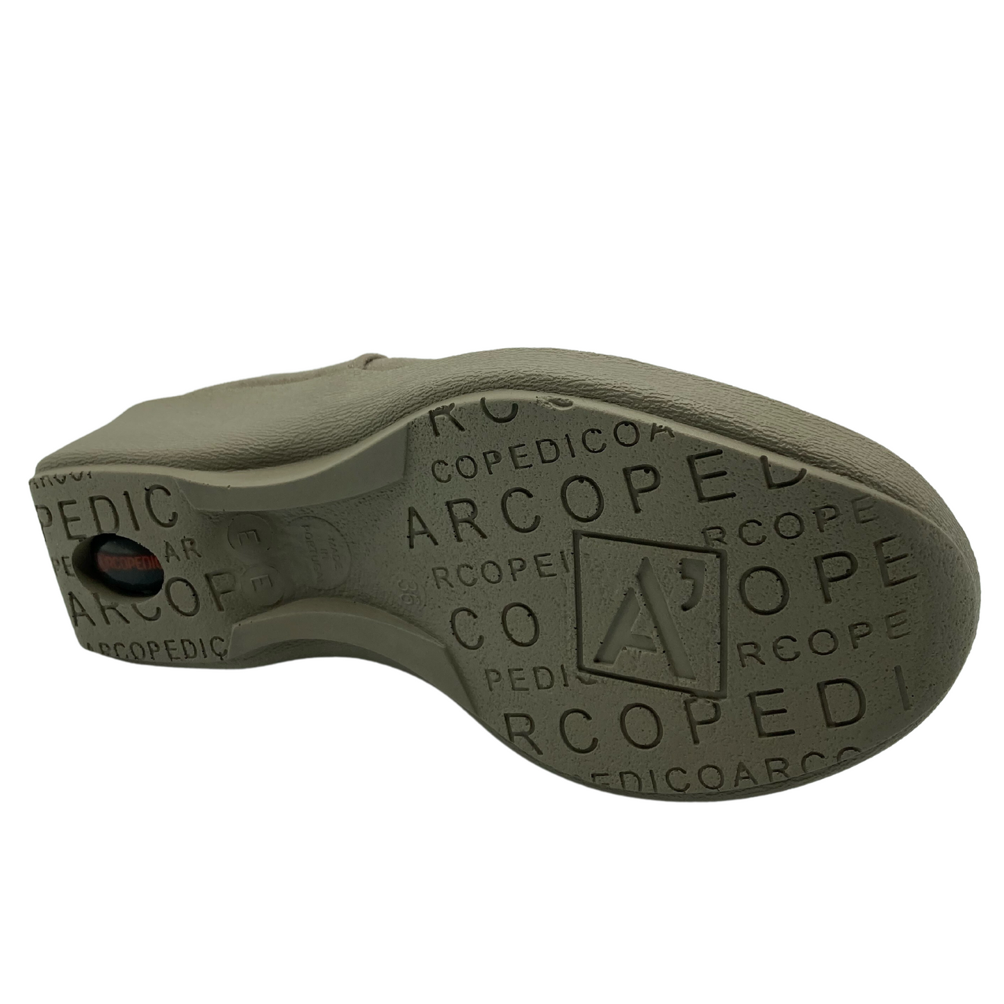 Bottom view of short boot with branded rubber outsole