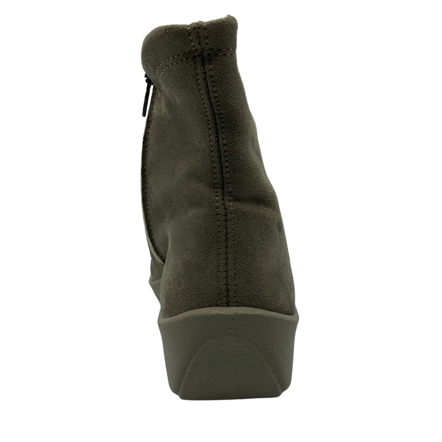 Back view of taupe faux suede short boot with matching rubber sole