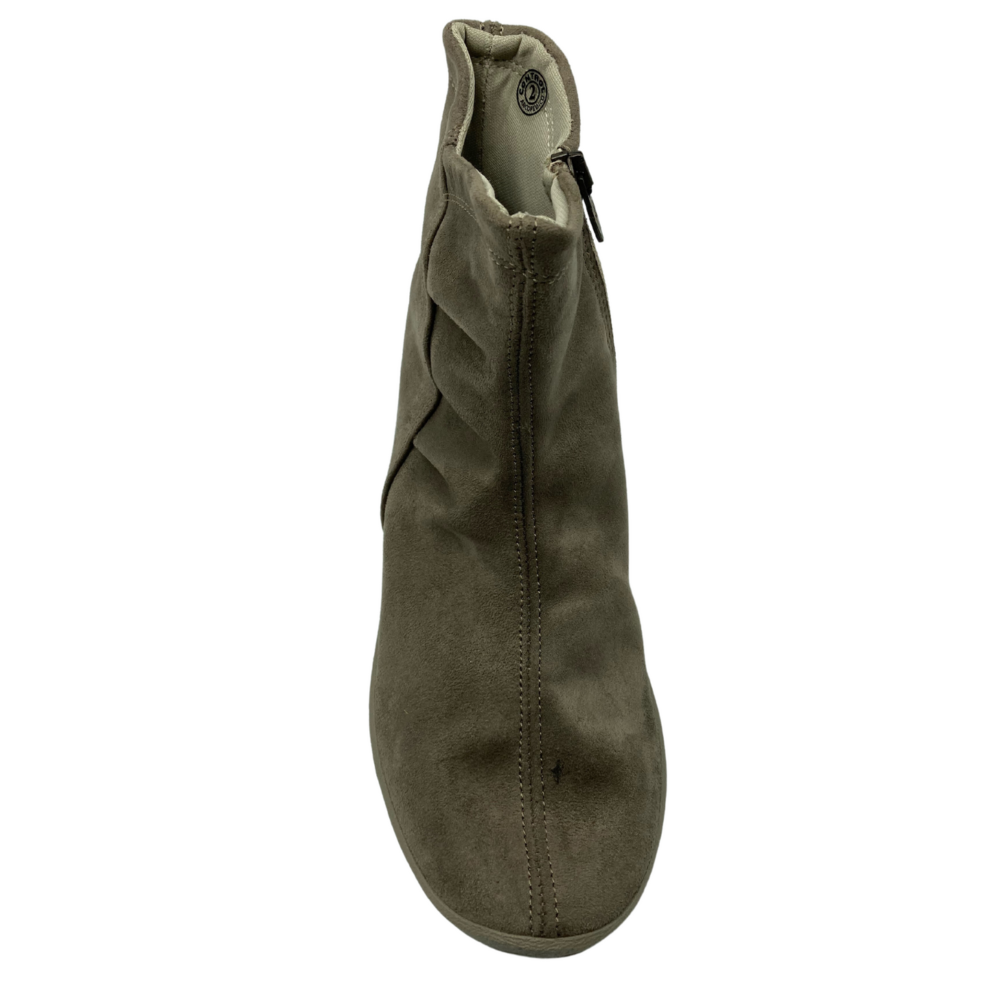 Top view of faux suede short boot with rounded toe and inner side zipper