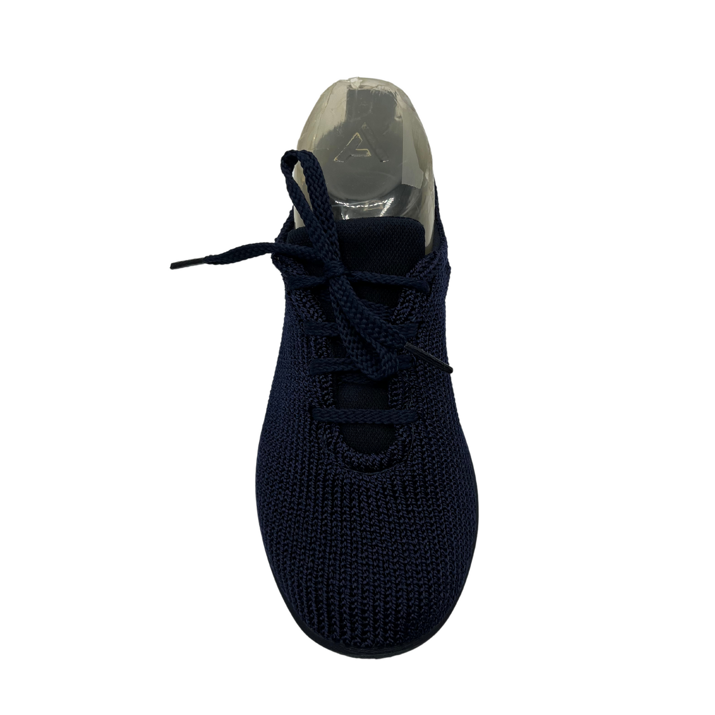Top view of navy knit upper sneakers with matching laces and outsole