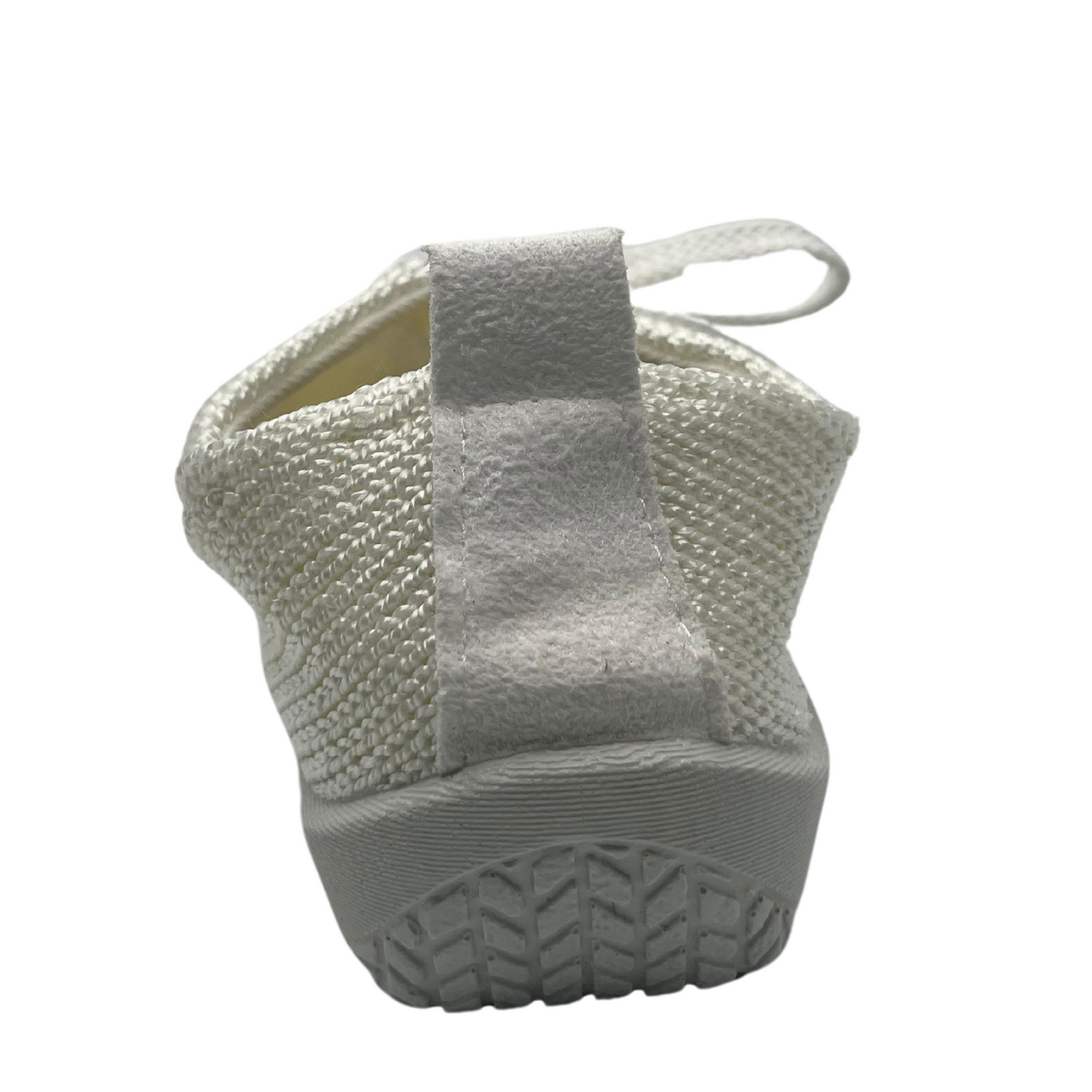 Back view of white knit upper sneakers with matching laces and outsole