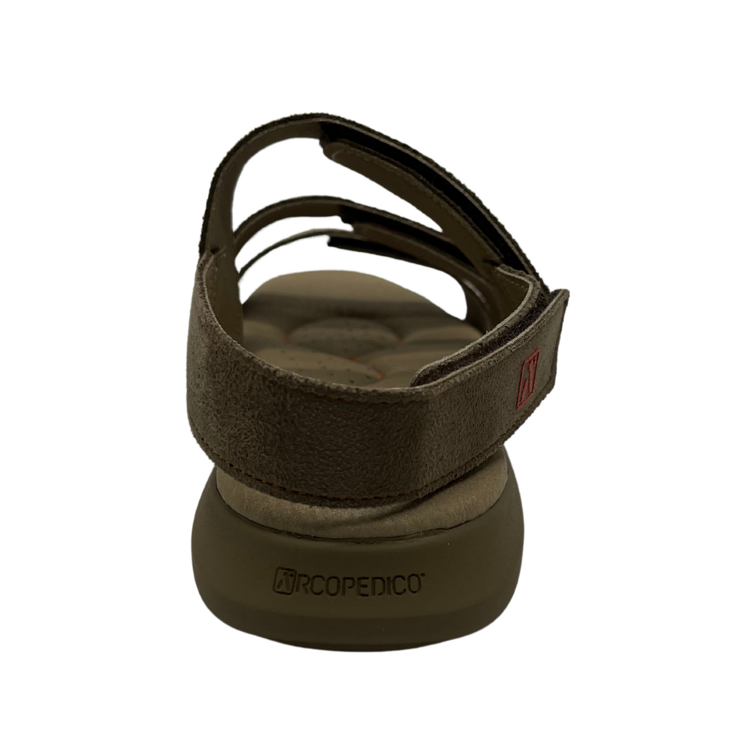 Back view of taupe leather sandals with 4 adjustable velcro straps. Cushioned footbed and open toe.