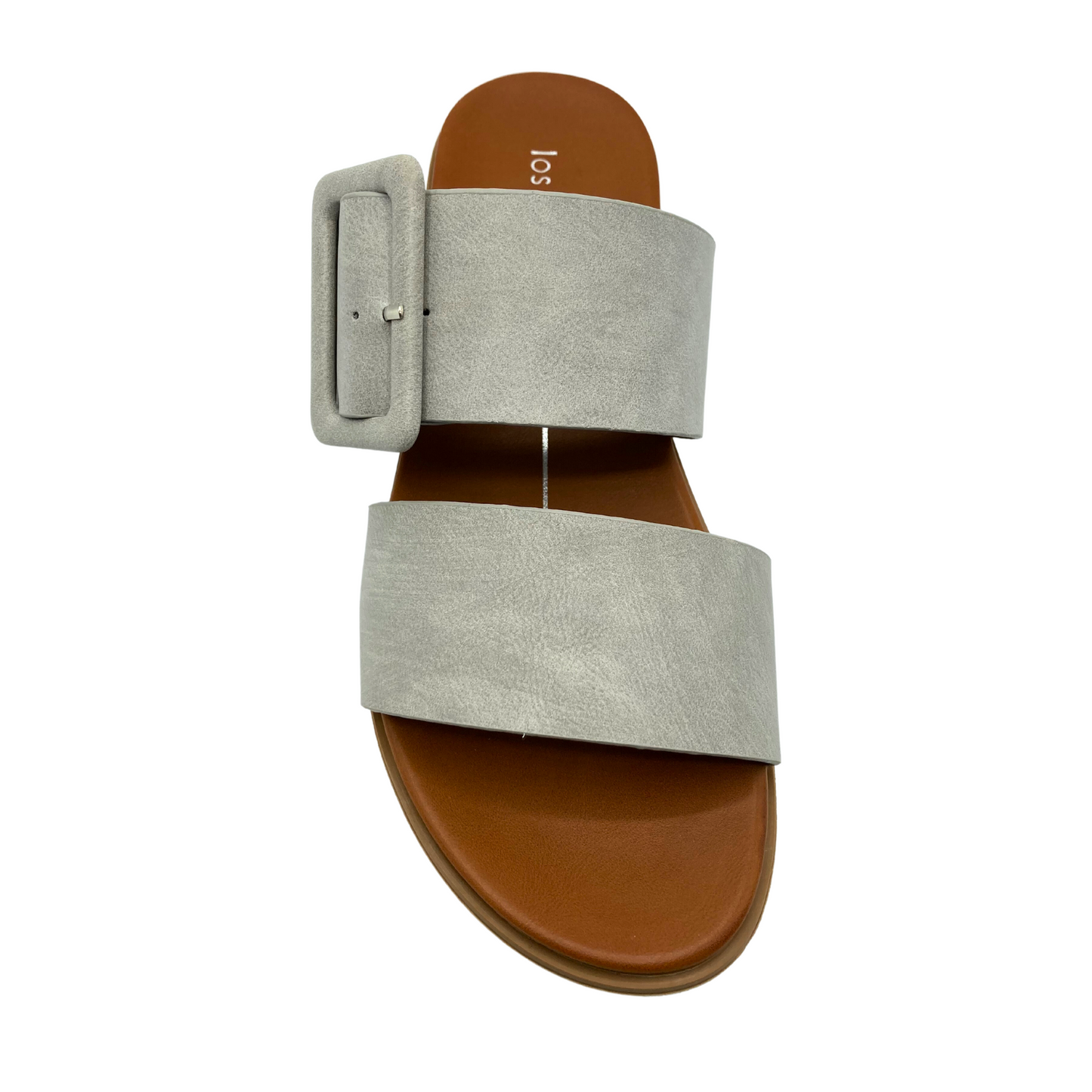 Top down view of a slip on sandal with 2 wide straps.  Shown in a beige/grey color