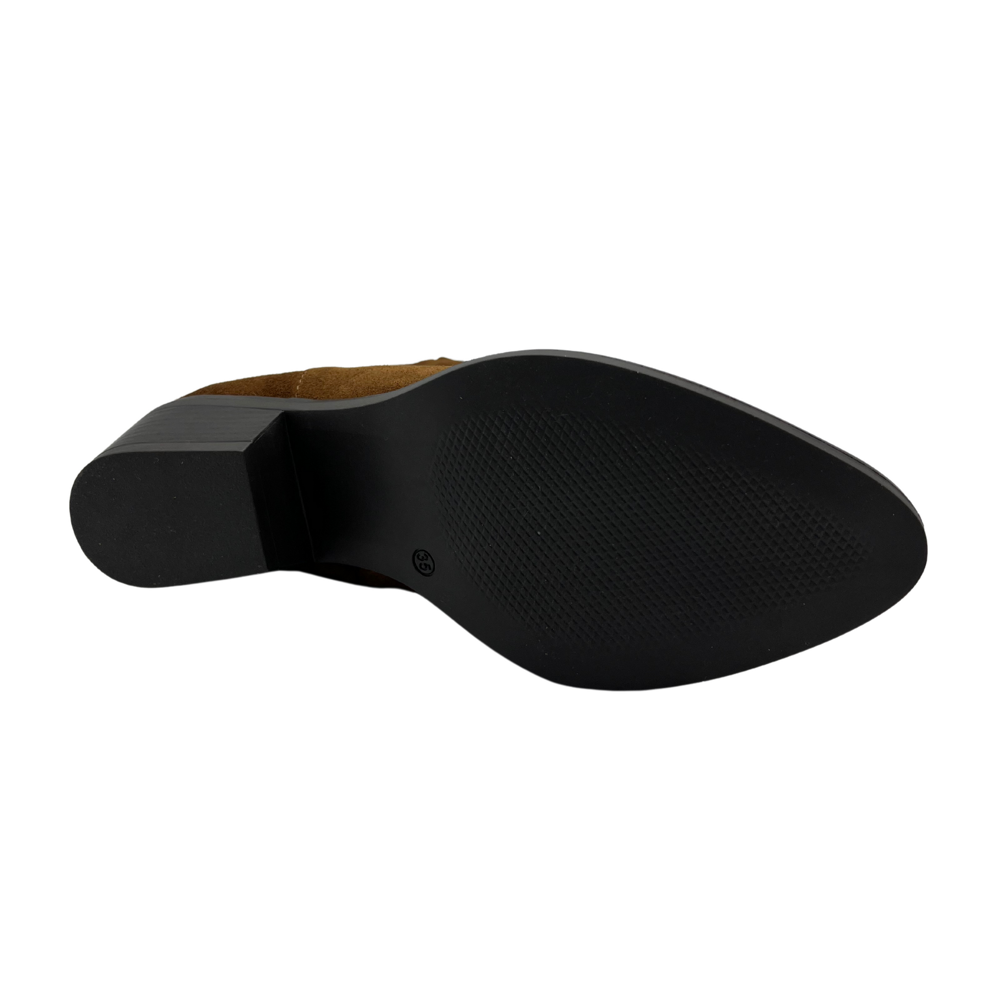 Bottom view of brown suede western bootie with block heel and pull on tab and side zipper closure.