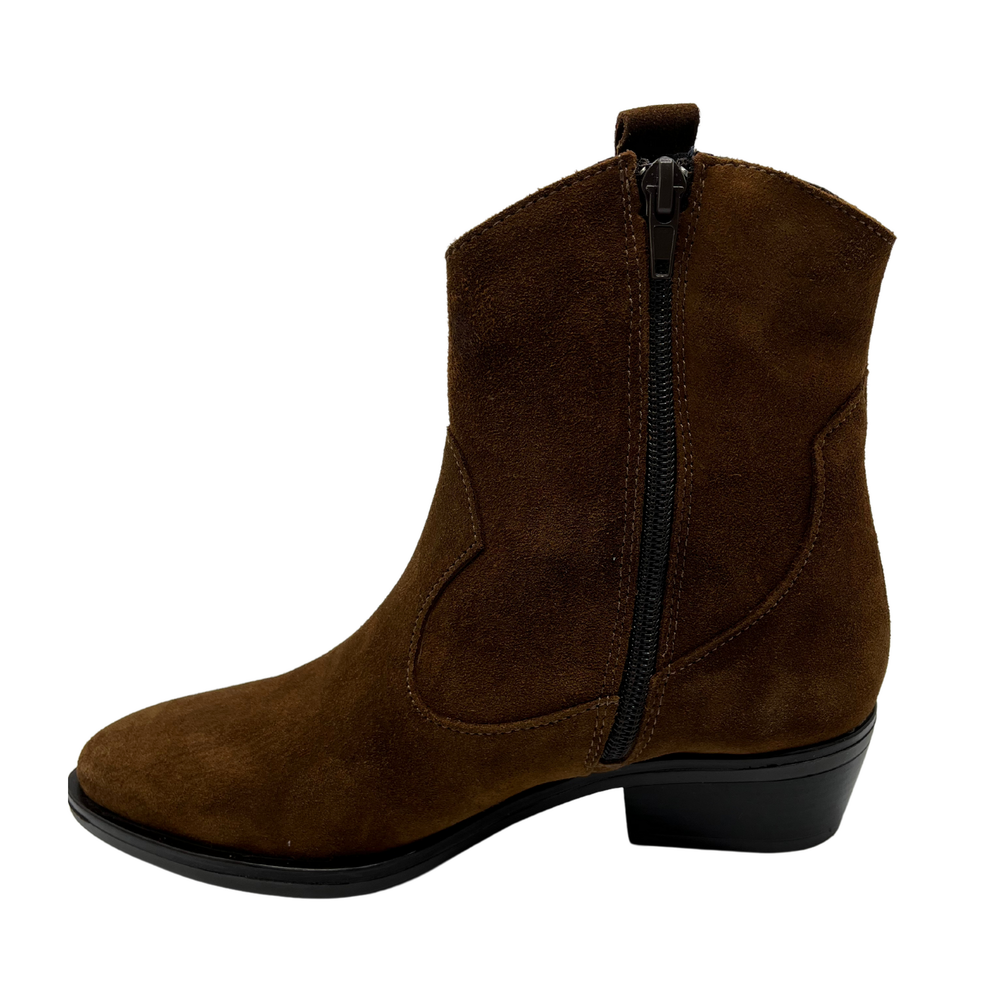 Left facing view of brown suede western bootie with block heel and pull on tab and side zipper closure.