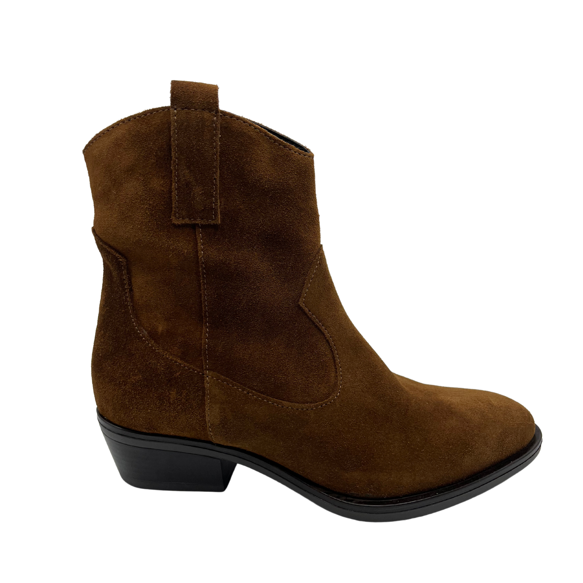 Right facing view of brown suede western bootie with block heel and pull on tab and side zipper closure.