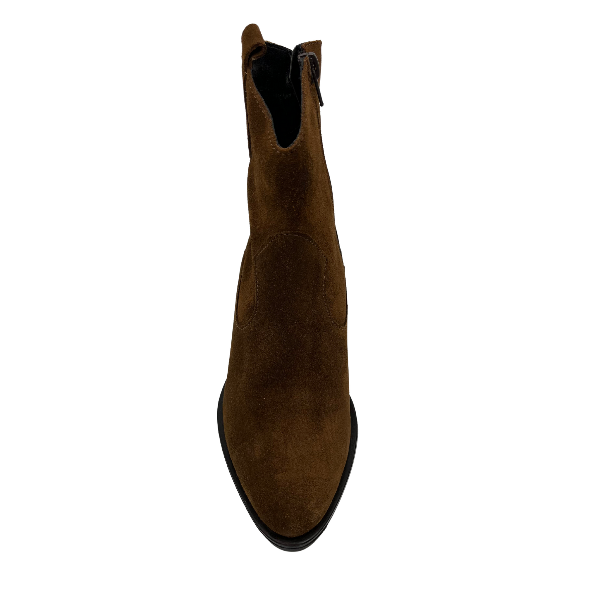 Top view of brown suede western bootie with block heel and pull on tab and side zipper closure.