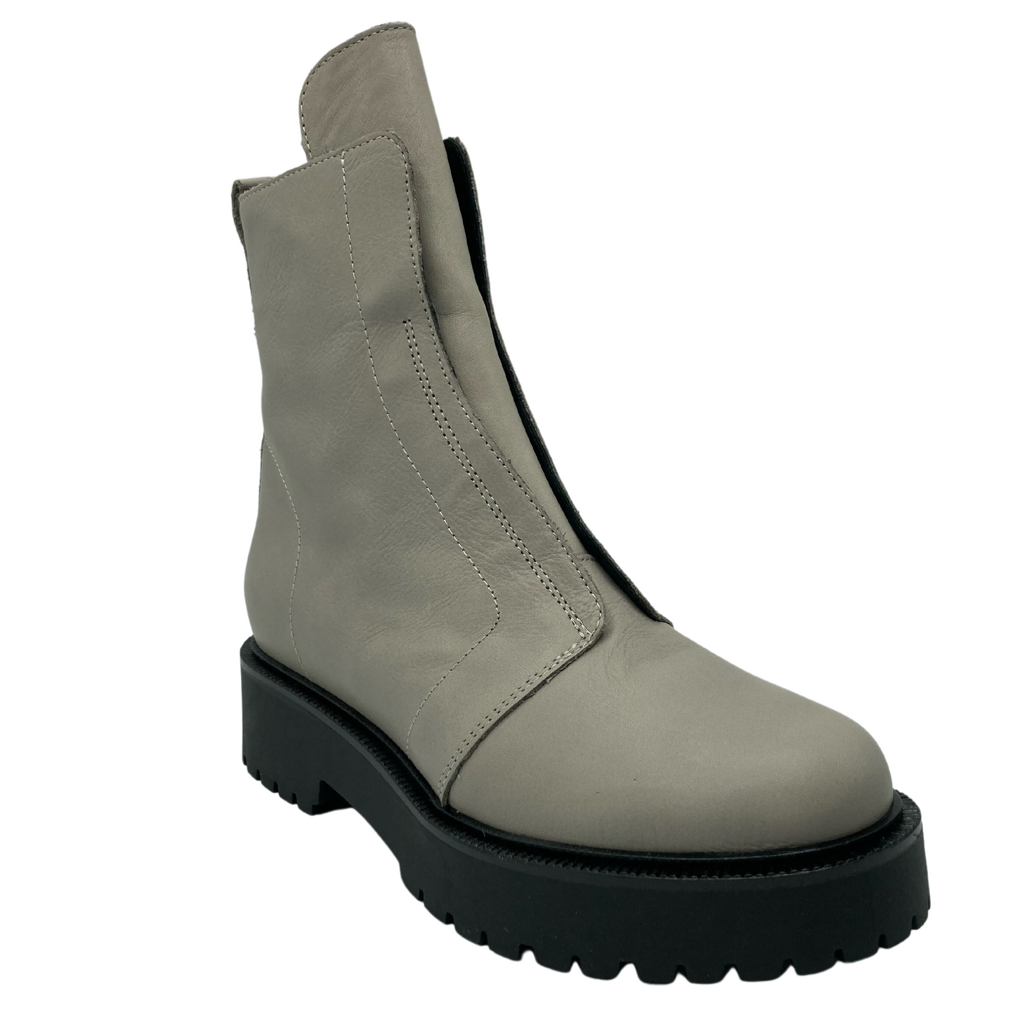 45 degree angled view of cement leather short boot with black lug sole