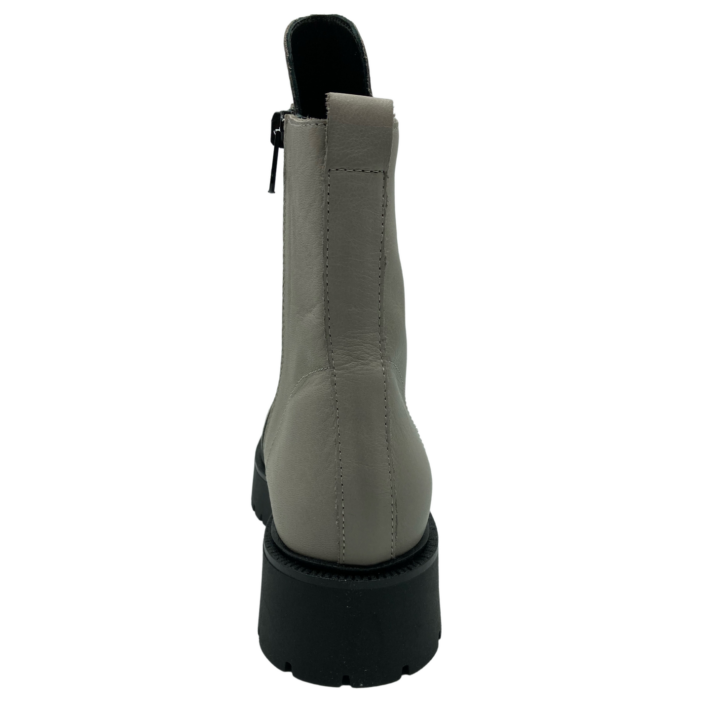 Back view of leather short boot with black lug sole