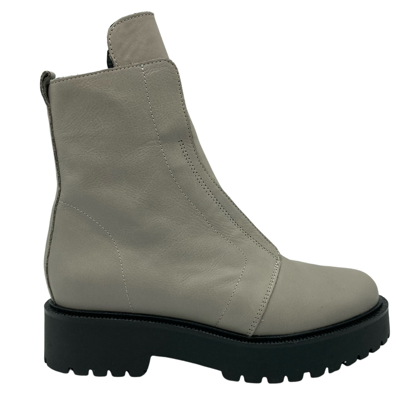 Right facing view of cement leather short boot with black rubber lug sole