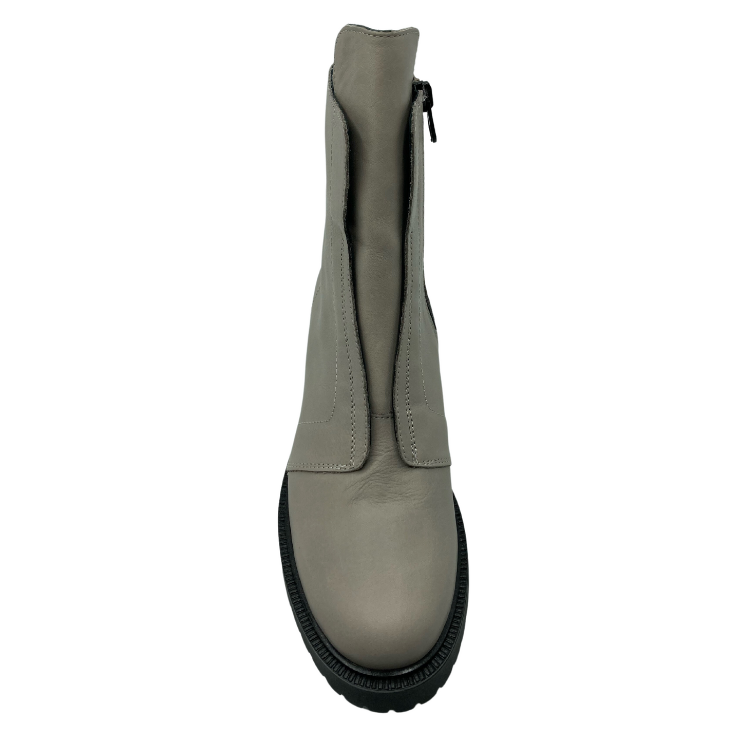 Top view of leather short boot with rounded toe and black lug sole