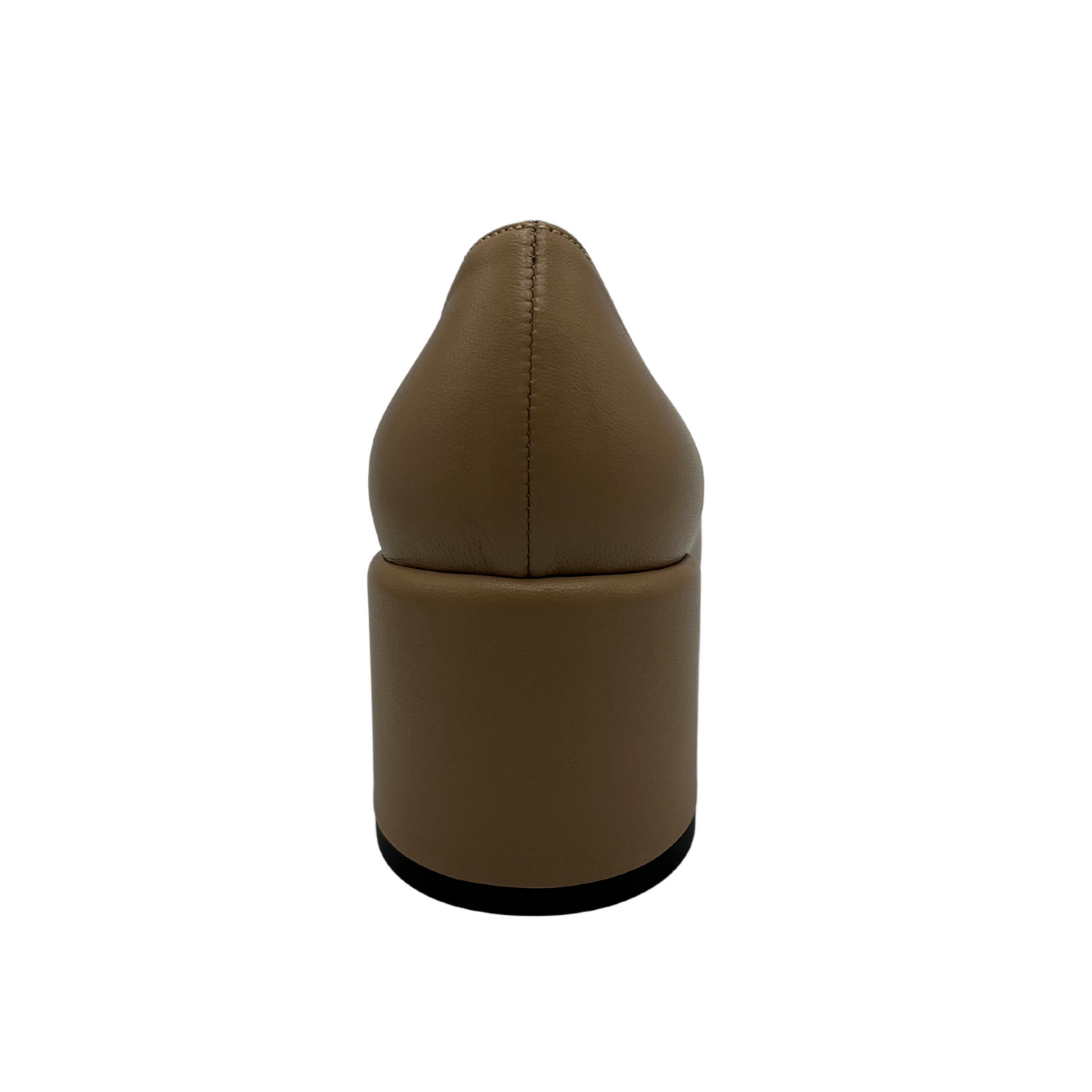 Back view of taupe leather pump with square toe and 2.4 inch wrapped heel.