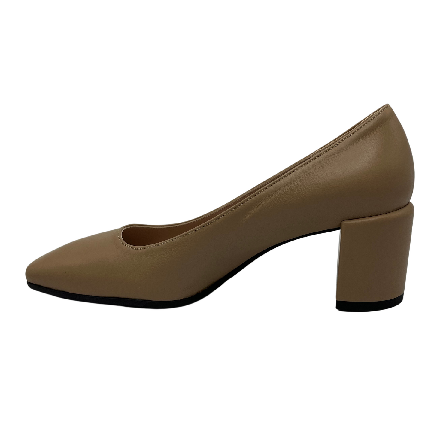 Left facing view of taupe leather pump with square toe and 2.4 inch wrapped heel.