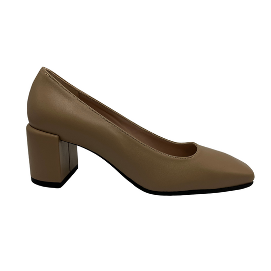 Right facing view of taupe leather pump with square toe and 2.4 inch wrapped heel.