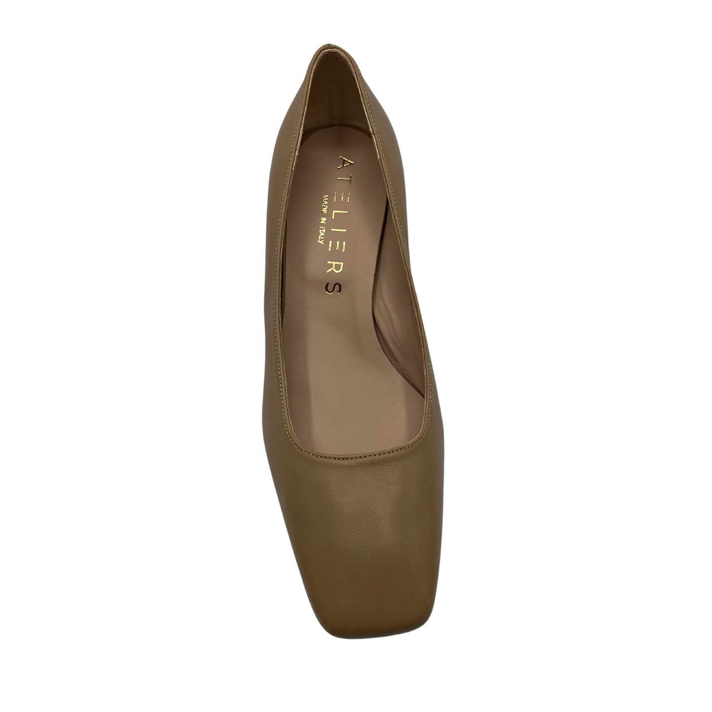 Top view of taupe leather pump with square toe and 2.4 inch wrapped heel.