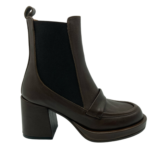 Right facing view of brown leather boot with rounded toe and elastic side gore