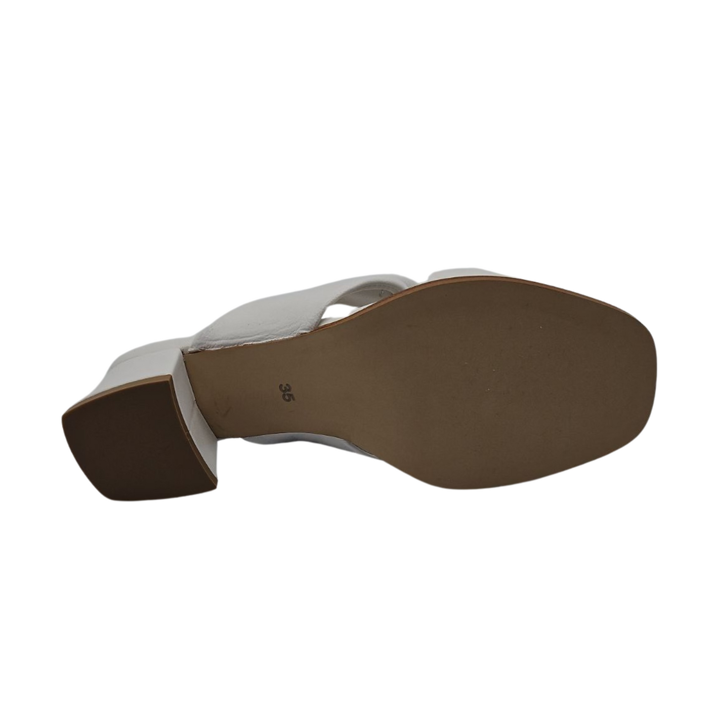 Bottom view of white leather sandals with a soft square toe. These heels have a leather lining and leather wrapped block heel. Knotted straps on upper