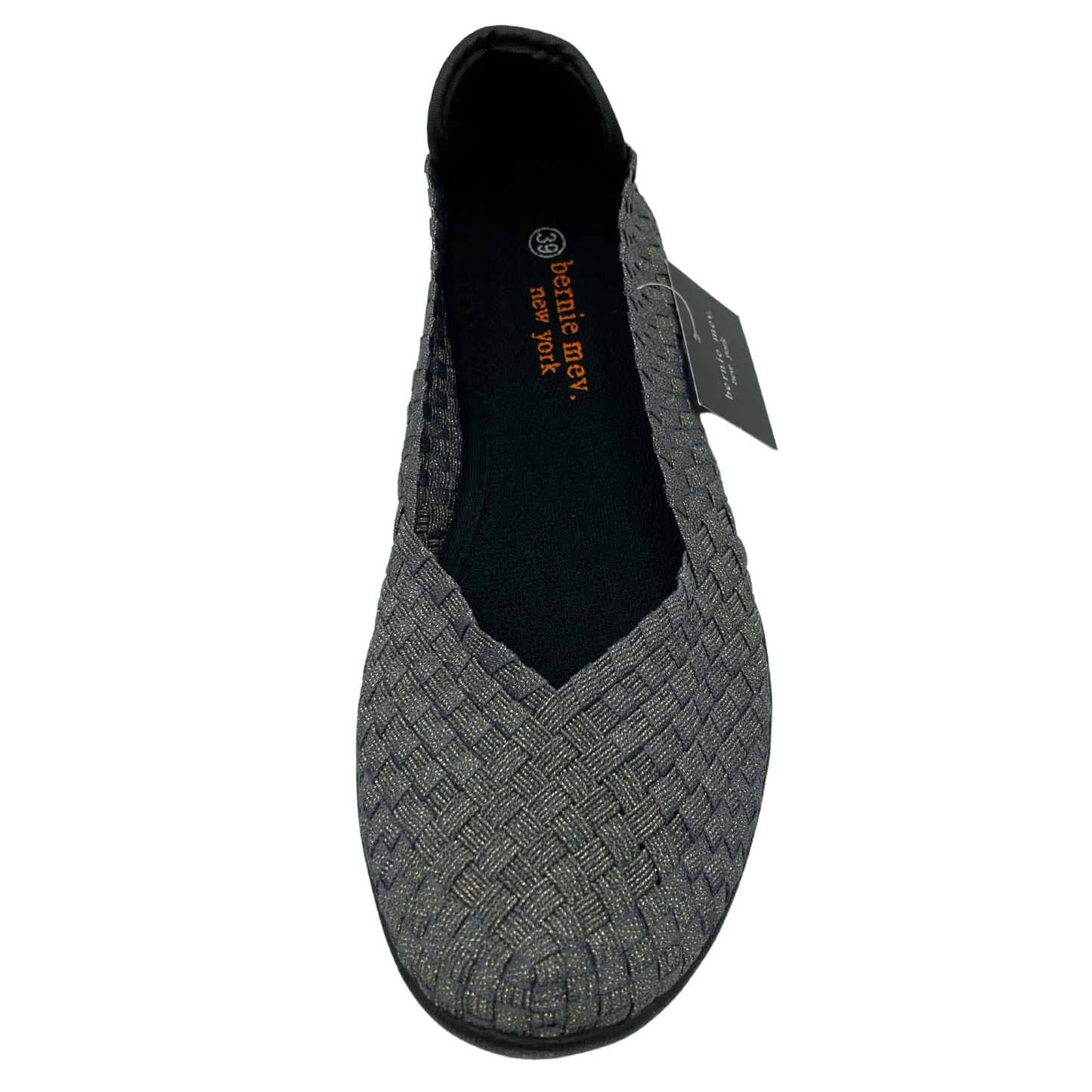 Top view of grey shimmer flat shoe with black inner lining