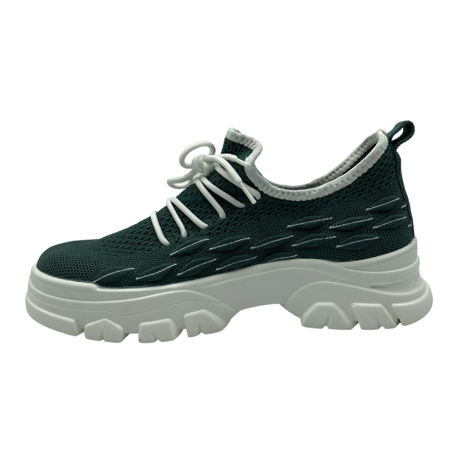Left facing view of pine green mesh sneakers with white rubber platform sole and white laces