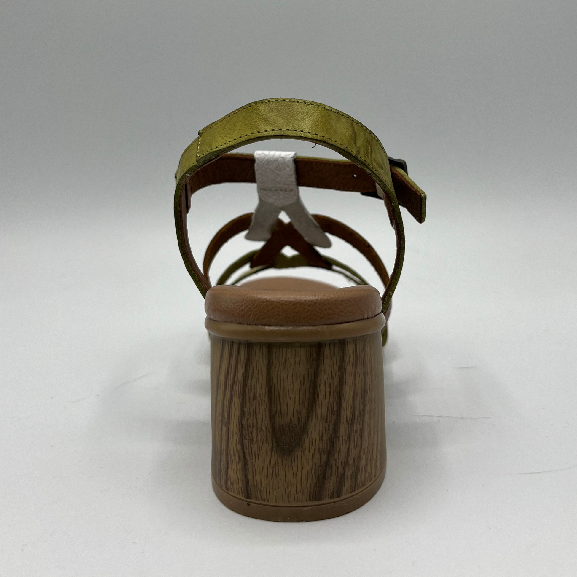 Back view of a multi strapped leather sandal with cushioned insole and a wood looking wrapped block heel.