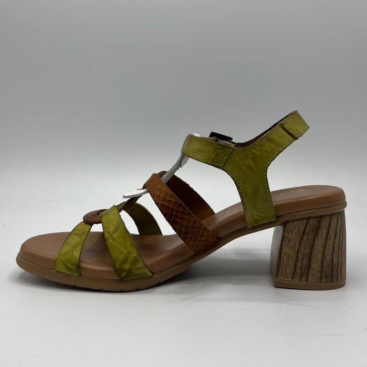 Left facing view of a multi strapped leather sandal with cushioned insole and a wood looking wrapped block heel.