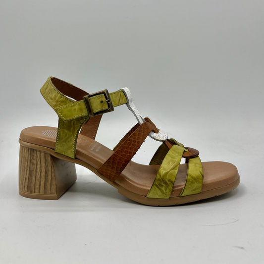 Right facing view of a multi strapped leather sandal with cushioned insole and a wood looking wrapped block heel.