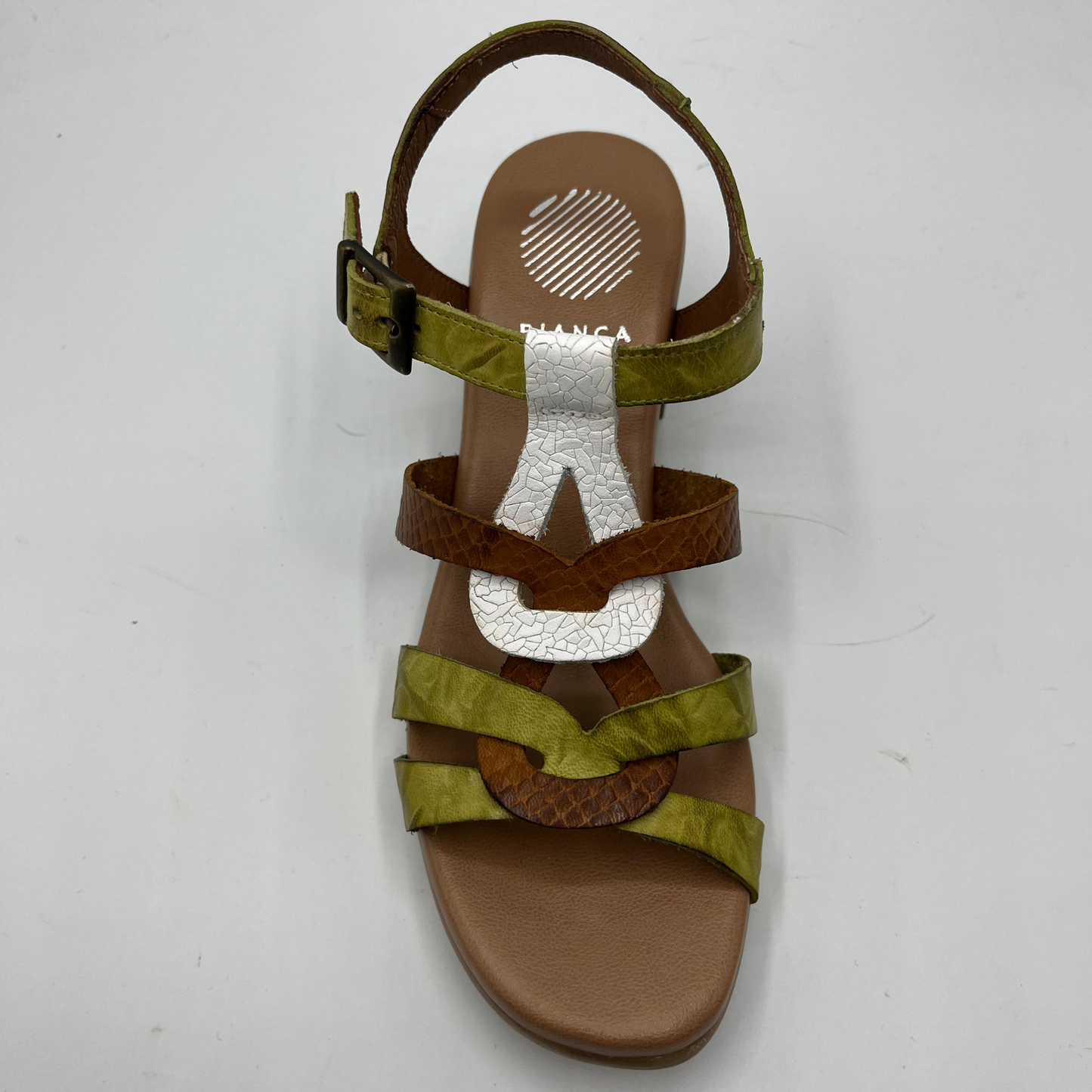 Top view of a multi strapped leather sandal with cushioned insole and a wood looking wrapped block heel.