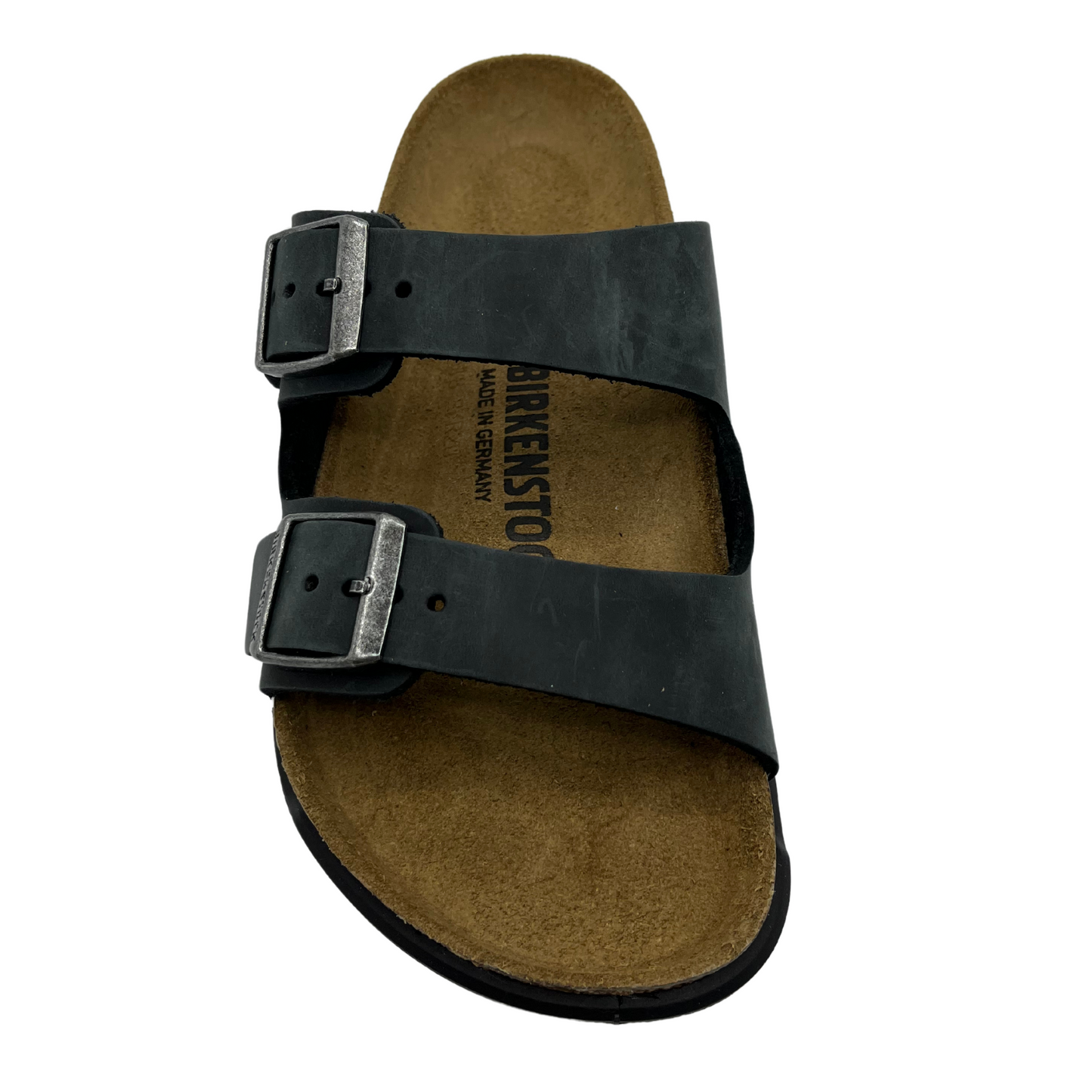 Top view of leather strapped sandals with contoured cork footbed