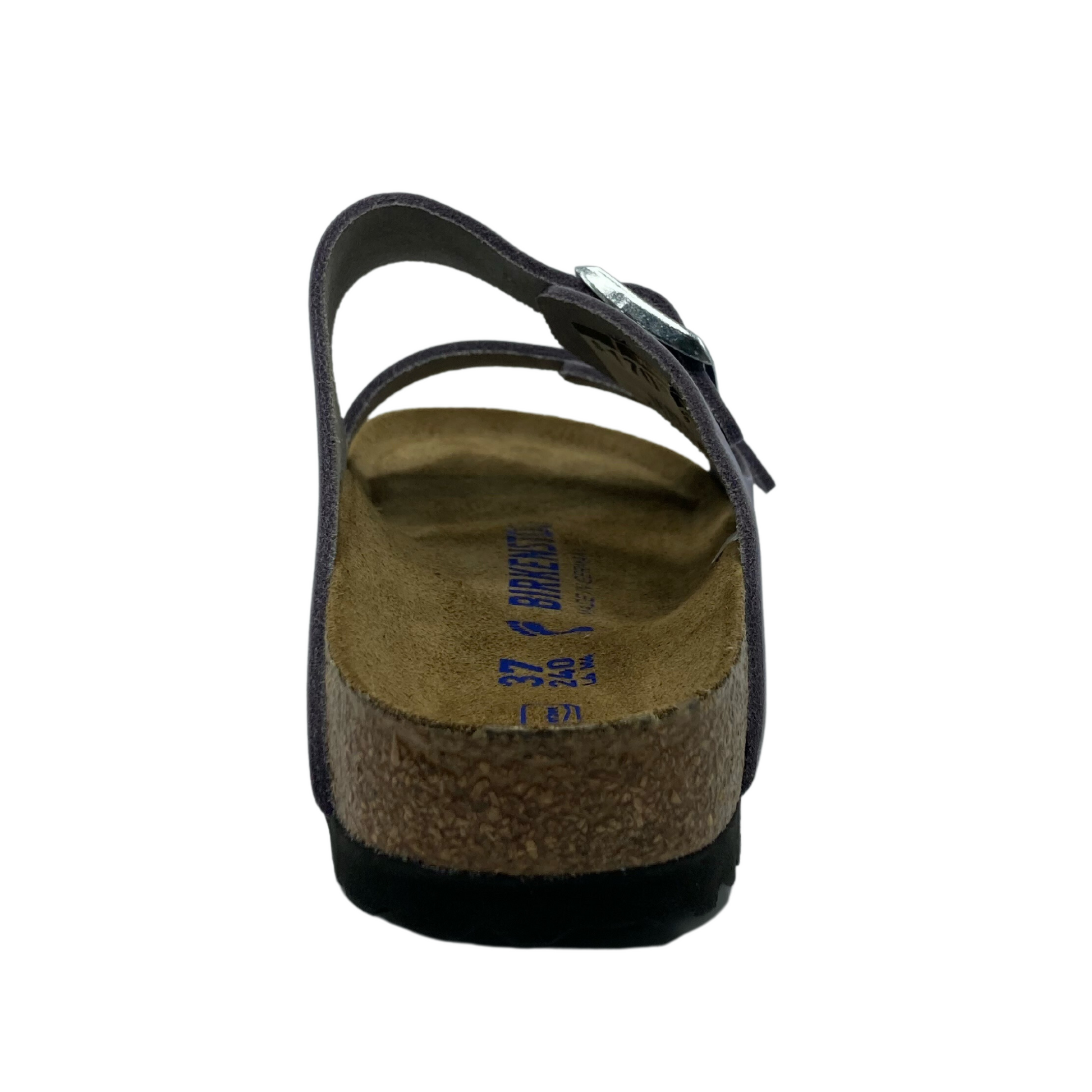Heel view of contoured footbed sandal with purple straps