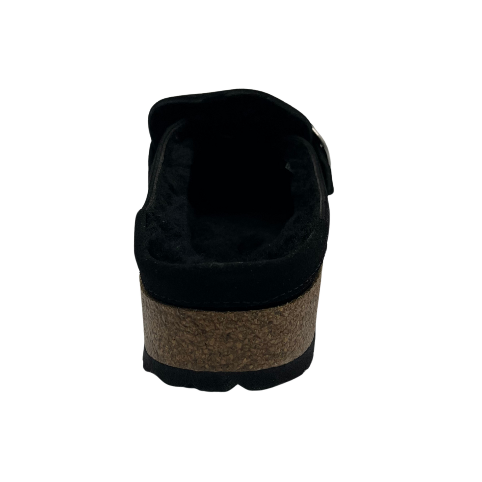 Back view of black, shearling lined clog with a silver buckled and anatomically correct footbed