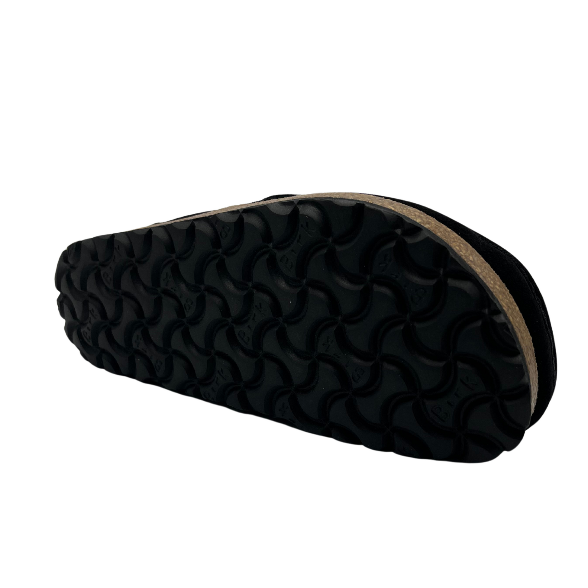 Bottom view of black, shearling lined clog with a silver buckled and anatomically correct footbed