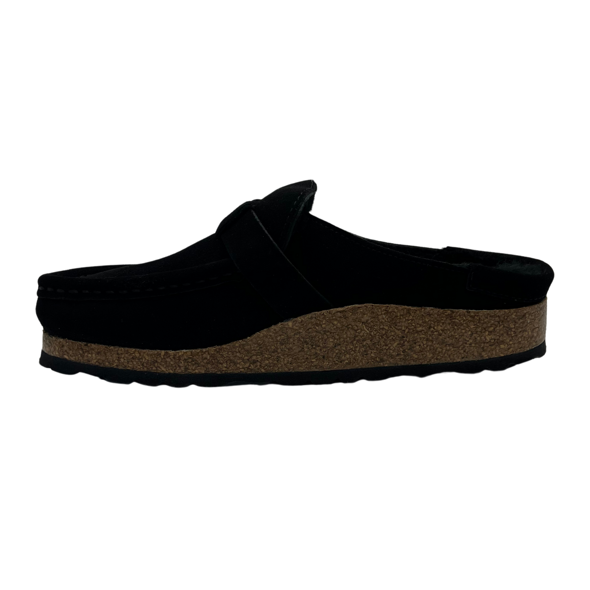 Left facing view of black, shearling lined clog with a silver buckled and anatomically correct footbed