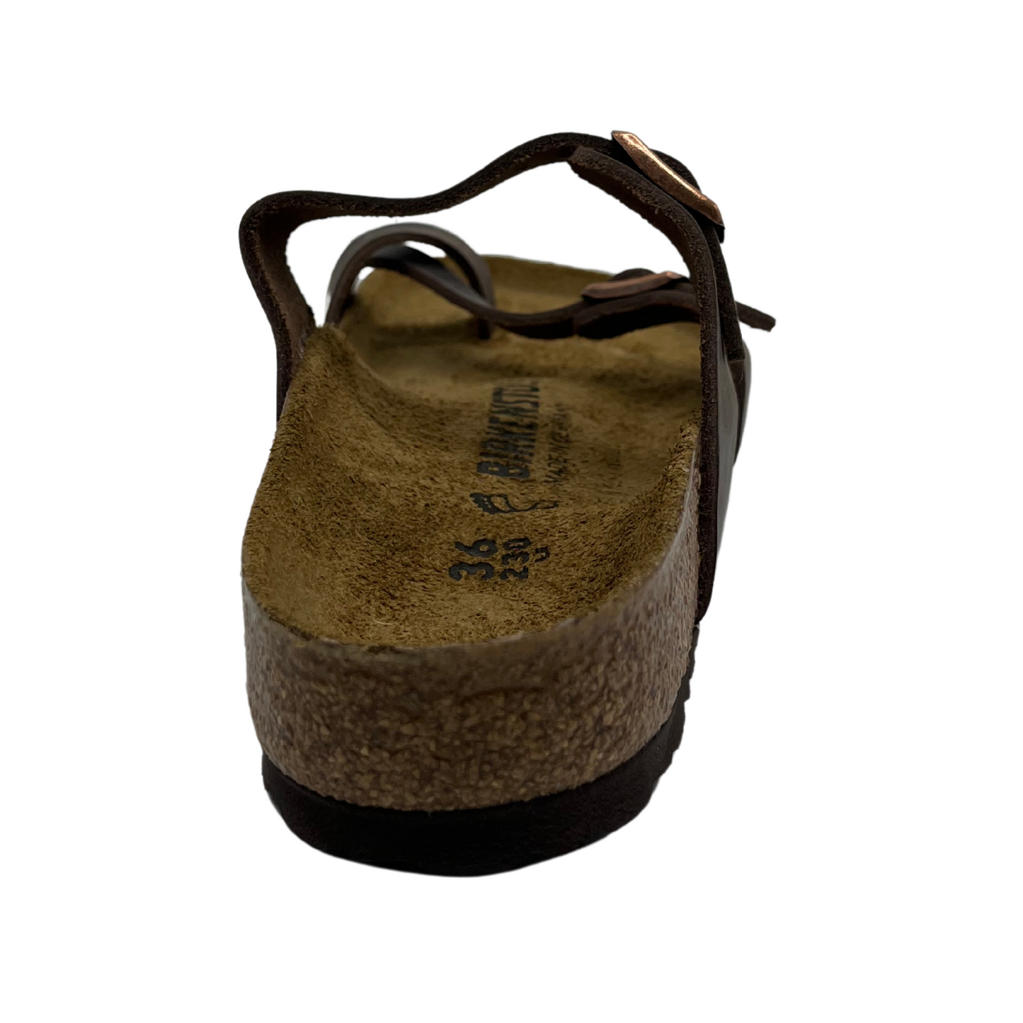 Back view of oiled leather strapped sandals with two pin buckle straps, suede lined contoured cork footbed