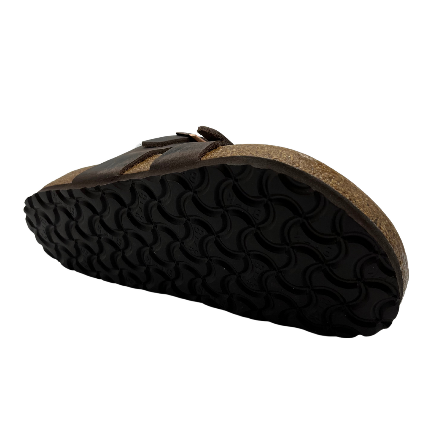 Bottom view of oiled leather strapped sandals with two pin buckle straps, suede lined contoured cork footbed