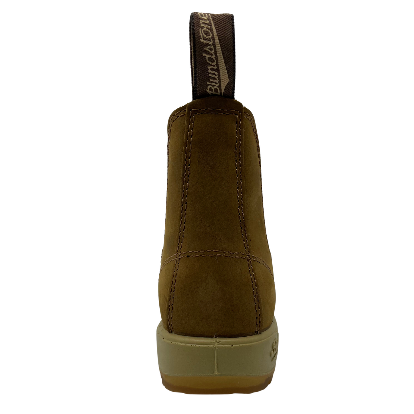 Back view of saddle brown leather short boot and gum sole
