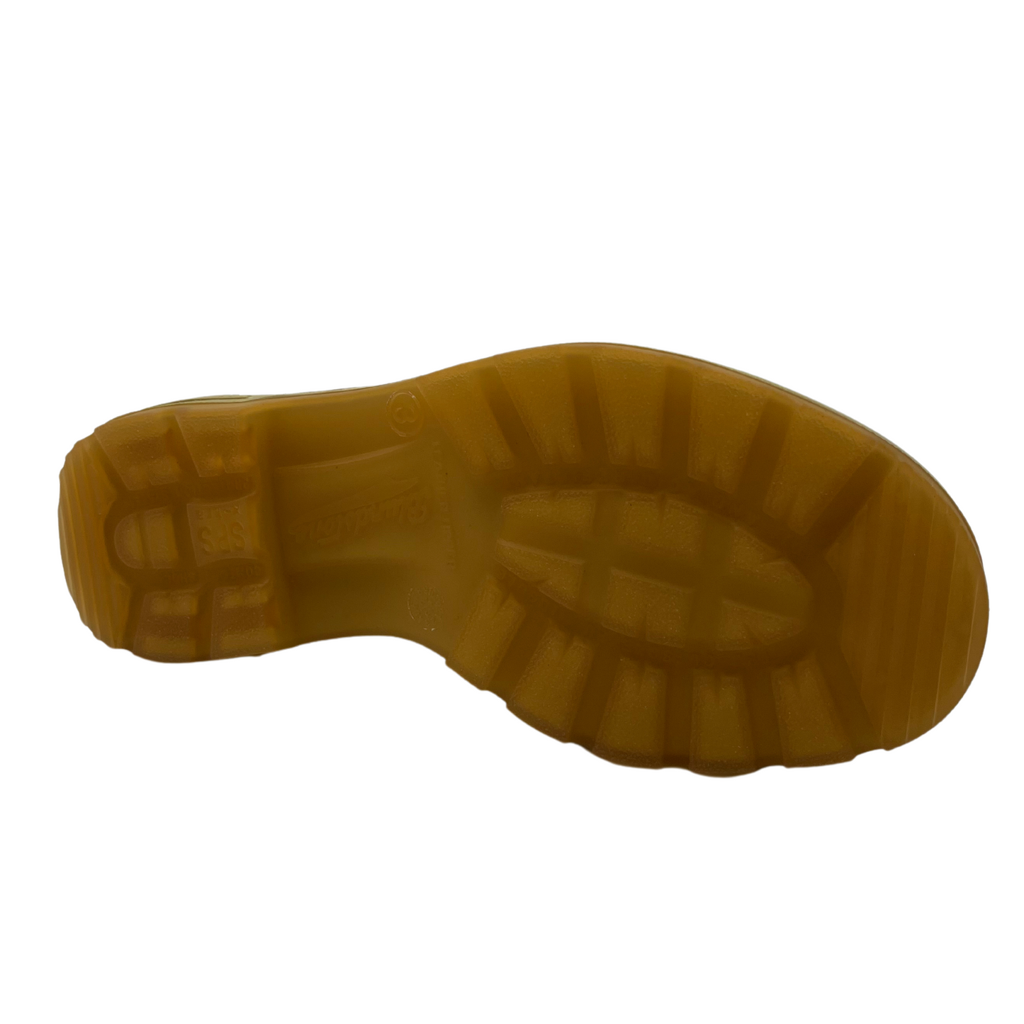 Bottom view of saddle brown leather boot with gum sole