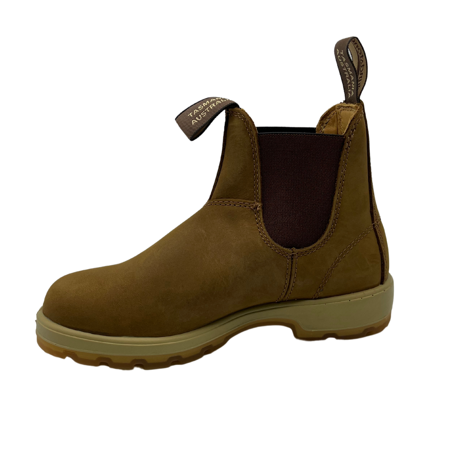 Left facing view of saddle brown leather short boot with gum sole