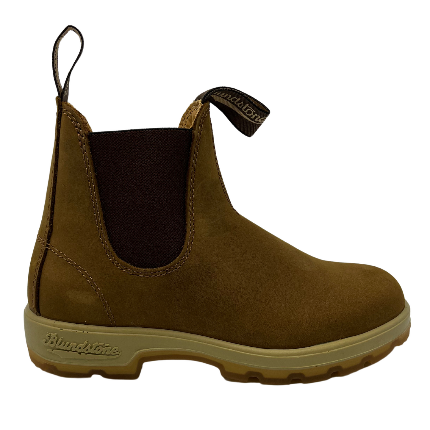 Right facing view of saddle brown boot with elastic side gore and gum sole