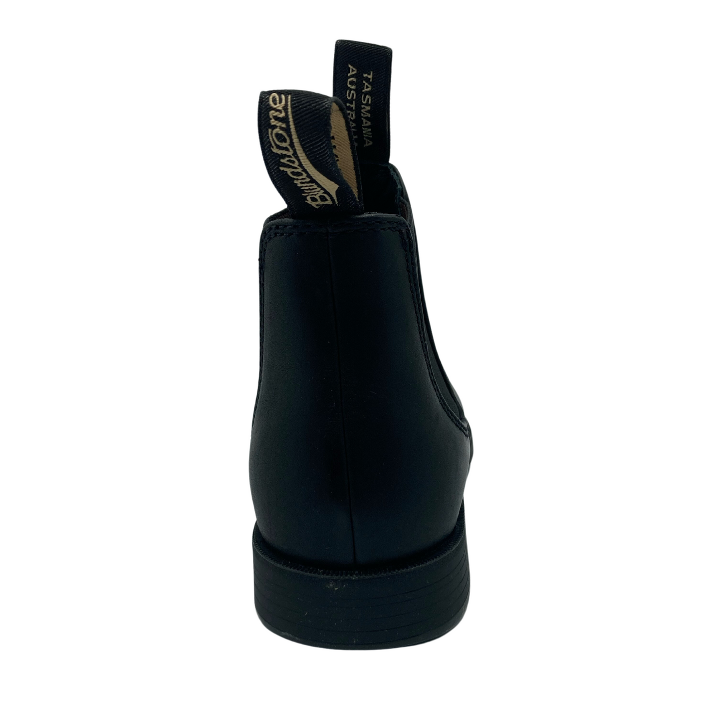 Back view of short black leather ankle boot with black outsole