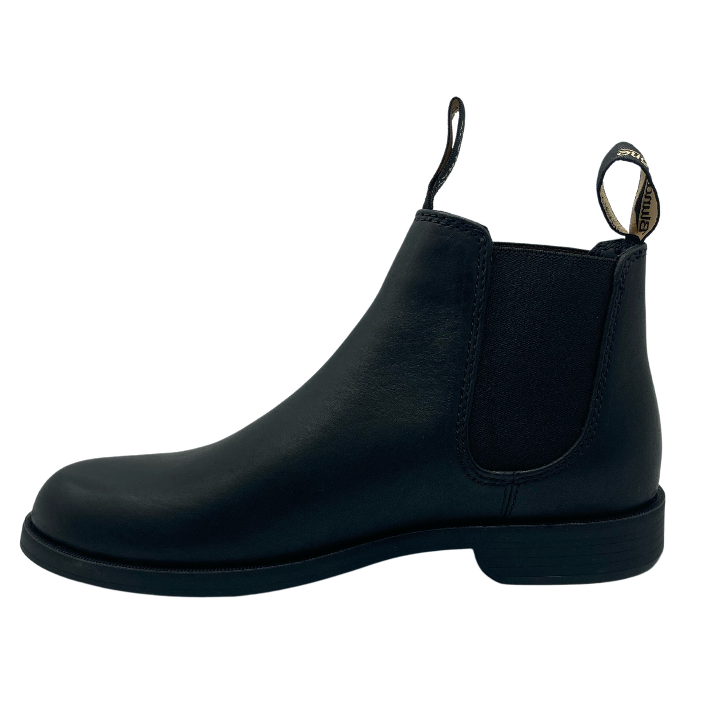Left facing view of black leather ankle boot with black sole and side elastic gore