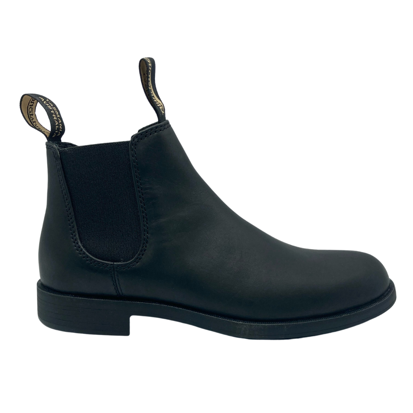 Right facing view of black leather ankle boot with elastic gore and black outsole