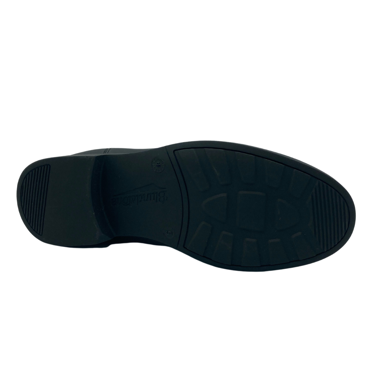 Bottom view of black leather ankle boot with black polyurethane sole