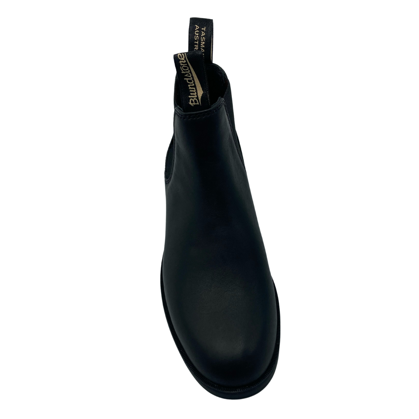 Front view of black leather ankle boot with double pull tabs on upper