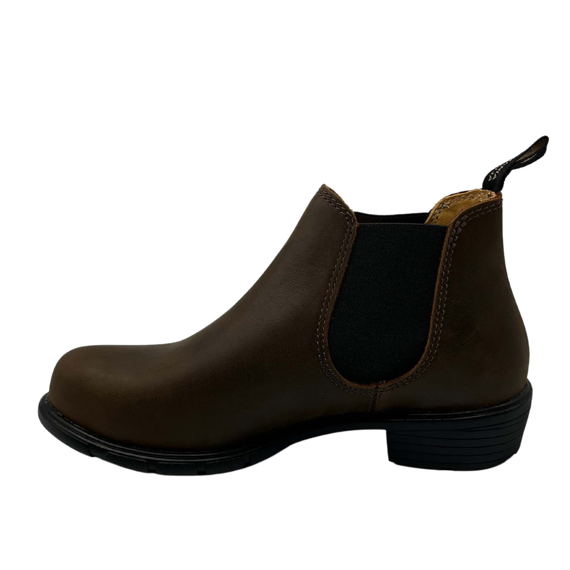 Left facing view of brown leather ankle boot with elastic side gore