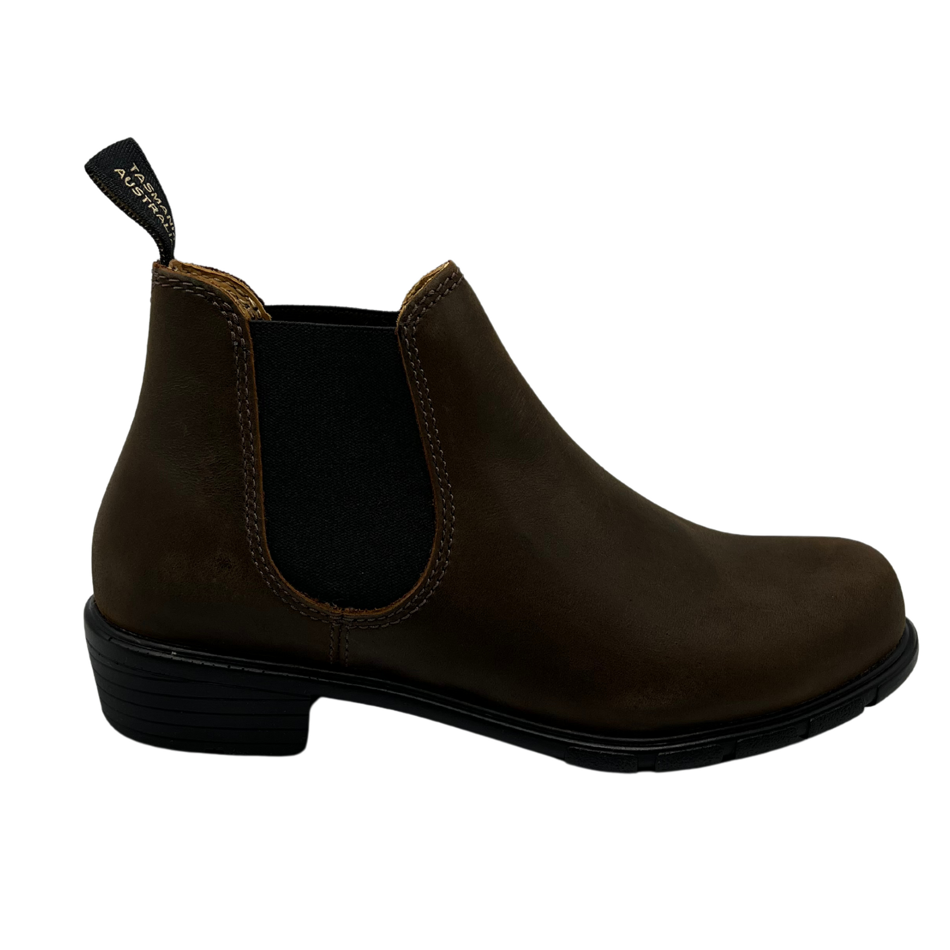 Right facing view of brown leather ankle boot with elastic side gore