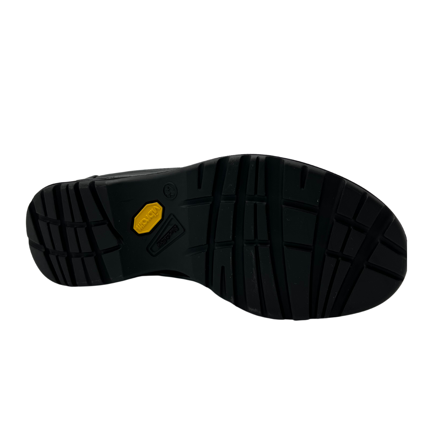Bottom view of black leather ankle boot with black rubber outsole