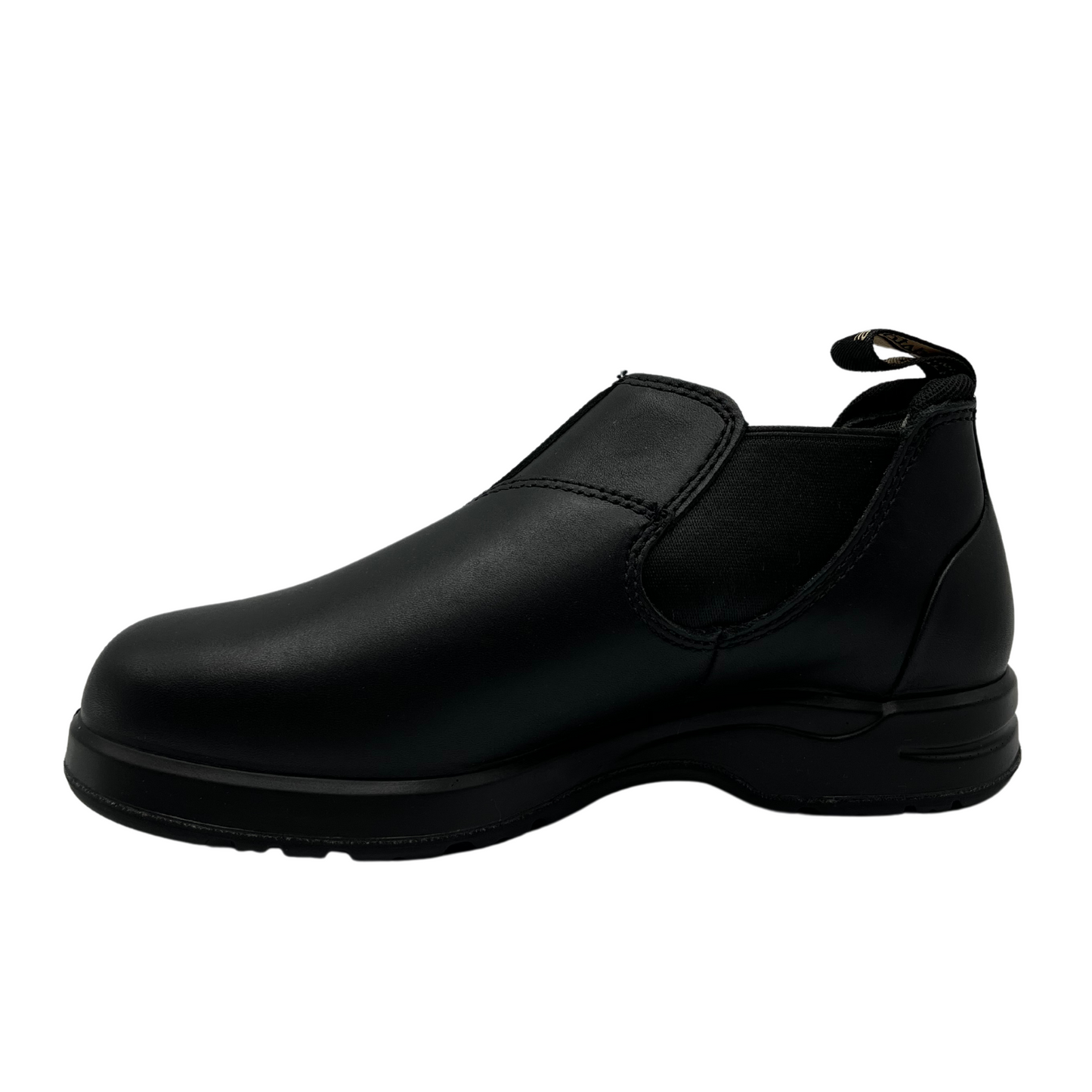 Left facing view of black leather ankle boot with elastic side gore