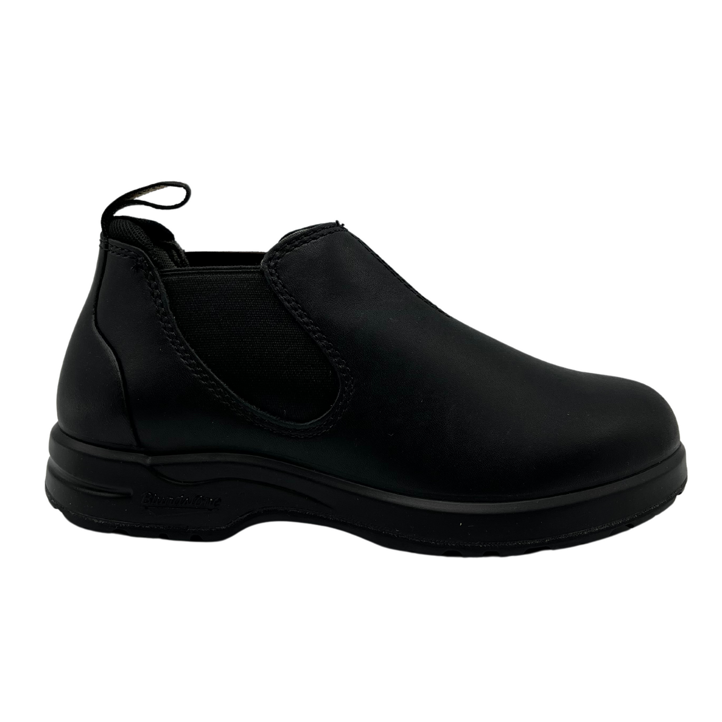 Right facing view of black leather ankle boot with elastic side gore and pull tab on ankle