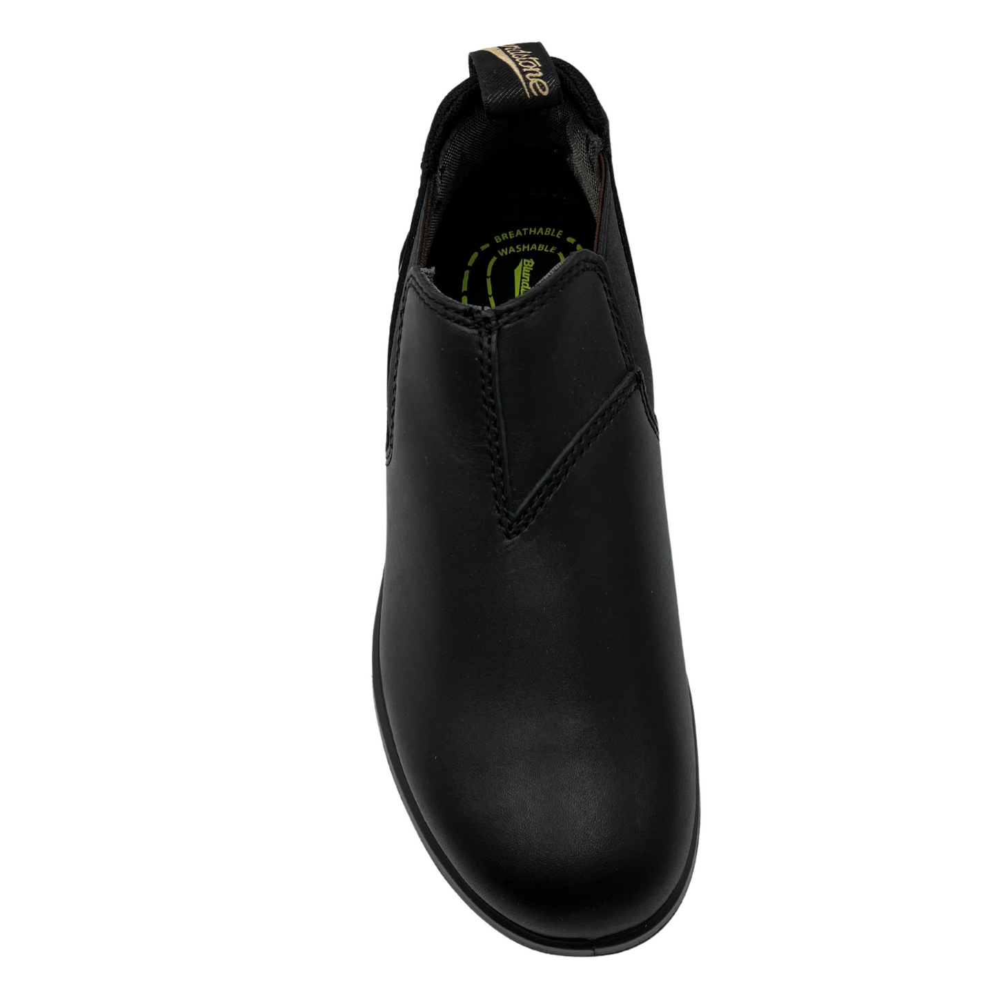 Top view of black leather ankle boot with rounded toe and pull on heel tab